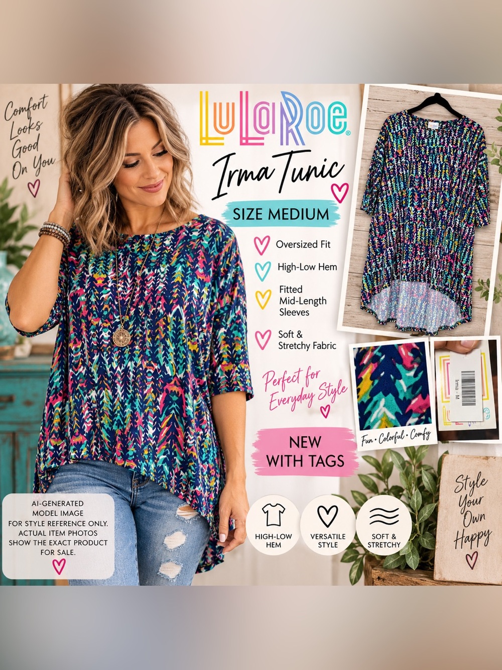 NWT LULAROE IRMA TUNIC • MEDIUM • COLORFUL HIGH-LOW